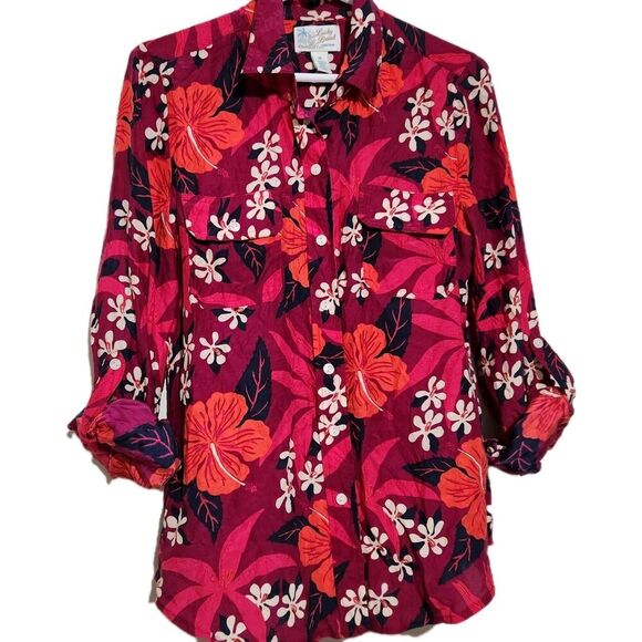 Lucky Brand sili Blouse For Women Size Medium Floral Print Roll Tab Sleeves - Picture 2 of 13